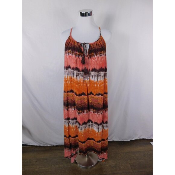Mlle Gabrielle Dress Womens 1X Orange Boho Maxi Sleeveless Tassel Tie Dye Print - Picture 1 of 12